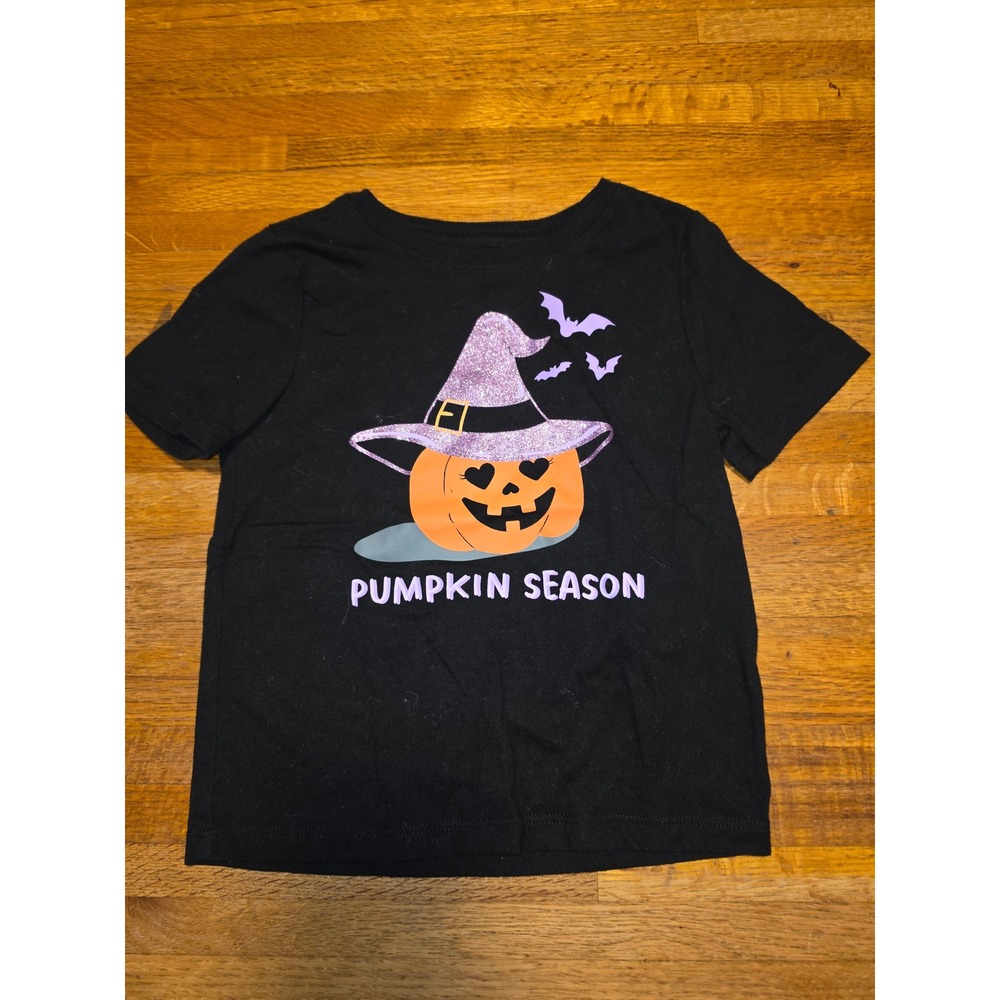 Wonder Nation Girls 3T Black Pumpkin Season Halloween Witch Hat Bat Graphic Tee‎